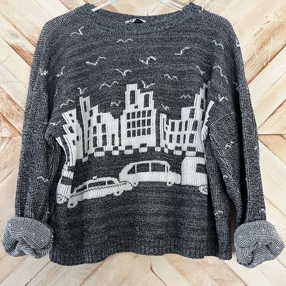 Vintage 80s Mod Cityscape Acrylic Blend Crewneck Sweater - Picture 3 of 6